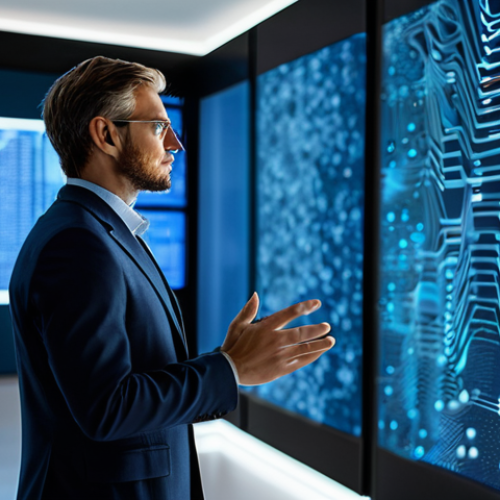 A highly competent professional, fully clothed in a modest, modern business suit, standing in a sleek, high-tech innovation center. The subject is looking thoughtfully at a holographic projection displaying complex data visualizations and abstract AI network patterns, symbolizing deep analytical focus and broad strategic insight. The background features blurred, collaborative workspaces and glowing digital screens, illustrating a dynamic, future-oriented environment. The lighting is bright and clean, emphasizing innovation. Perfect anatomy, correct proportions, natural pose, well-formed hands, proper finger count, natural body proportions. High-resolution, professional photography, cinematic lighting, ultra-detailed. safe for work, appropriate content, fully clothed, professional dress, family-friendly.