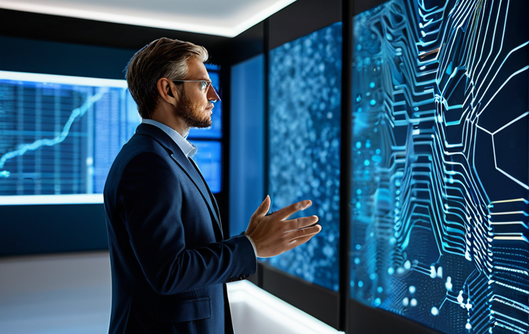A highly competent professional, fully clothed in a modest, modern business suit, standing in a sleek, high-tech innovation center. The subject is looking thoughtfully at a holographic projection displaying complex data visualizations and abstract AI network patterns, symbolizing deep analytical focus and broad strategic insight. The background features blurred, collaborative workspaces and glowing digital screens, illustrating a dynamic, future-oriented environment. The lighting is bright and clean, emphasizing innovation. Perfect anatomy, correct proportions, natural pose, well-formed hands, proper finger count, natural body proportions. High-resolution, professional photography, cinematic lighting, ultra-detailed. safe for work, appropriate content, fully clothed, professional dress, family-friendly.