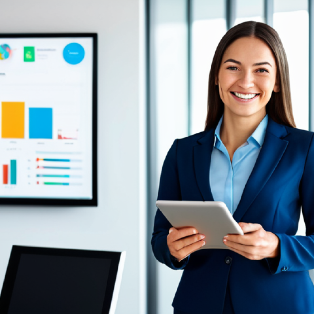 **

A confident, fully clothed businesswoman in a modest, tailored suit stands in a bright, modern office. She smiles warmly, holding a tablet displaying data visualizations. Background shows a diverse team collaborating. Perfect anatomy, correct proportions, well-formed hands, proper finger count, natural pose, safe for work, appropriate content, professional, family-friendly.

**