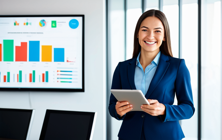 **

A confident, fully clothed businesswoman in a modest, tailored suit stands in a bright, modern office. She smiles warmly, holding a tablet displaying data visualizations. Background shows a diverse team collaborating. Perfect anatomy, correct proportions, well-formed hands, proper finger count, natural pose, safe for work, appropriate content, professional, family-friendly.

**
