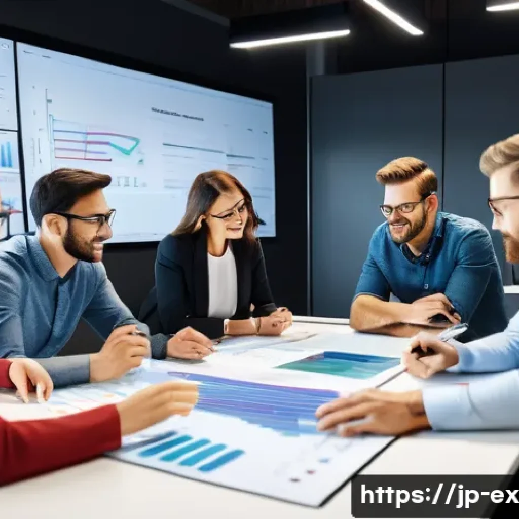 T자형 전문성의 실무 적용 사례 - A modern office scene showing a diverse cross-functional team collaborating around a large table, fe...