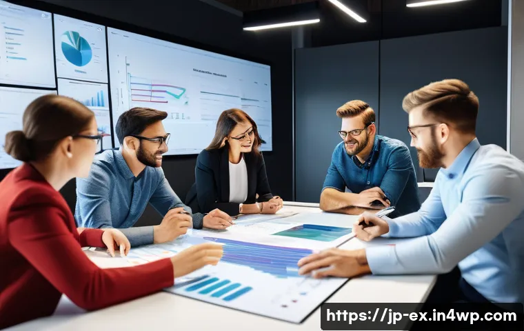 T자형 전문성의 실무 적용 사례 - A modern office scene showing a diverse cross-functional team collaborating around a large table, fe...