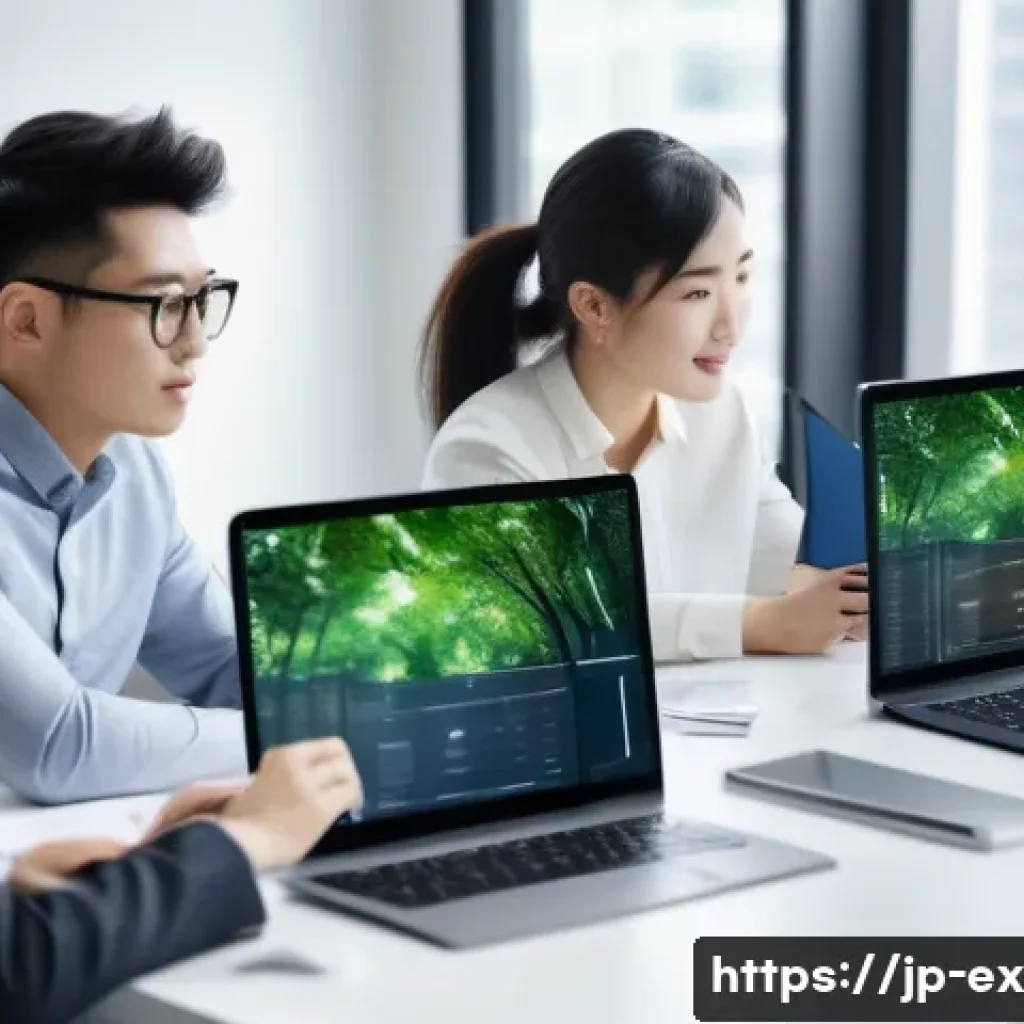 T자형 전문성 개발을 위한 글로벌 트렌드 분석 - A modern office scene featuring a diverse team of professionals collaborating on a digital project, ...