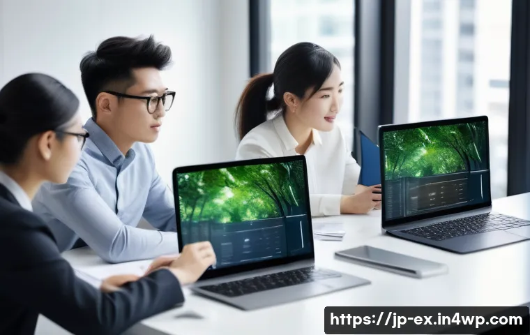 T자형 전문성 개발을 위한 글로벌 트렌드 분석 - A modern office scene featuring a diverse team of professionals collaborating on a digital project, ...