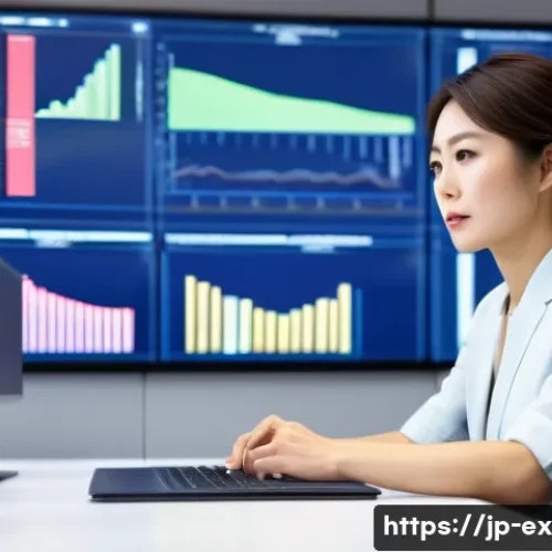 T자형 전문성과 경력 발전 - A professional Japanese businesswoman in a modern office setting, deeply focused on analyzing digita...