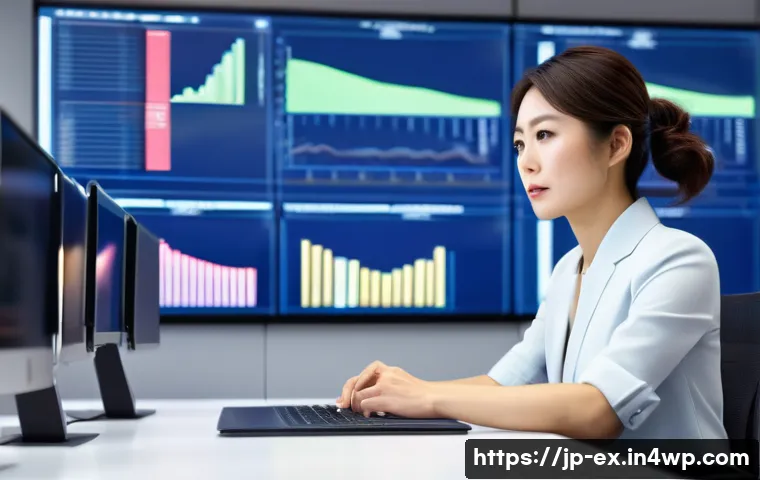 T자형 전문성과 경력 발전 - A professional Japanese businesswoman in a modern office setting, deeply focused on analyzing digita...