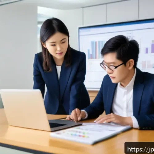 T자형 전문성과 데이터 분석의 중요성 - A modern Japanese office setting with diverse professionals collaborating around a large table, show...