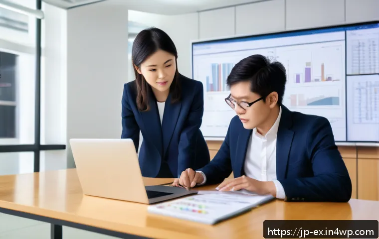 T자형 전문성과 데이터 분석의 중요성 - A modern Japanese office setting with diverse professionals collaborating around a large table, show...
