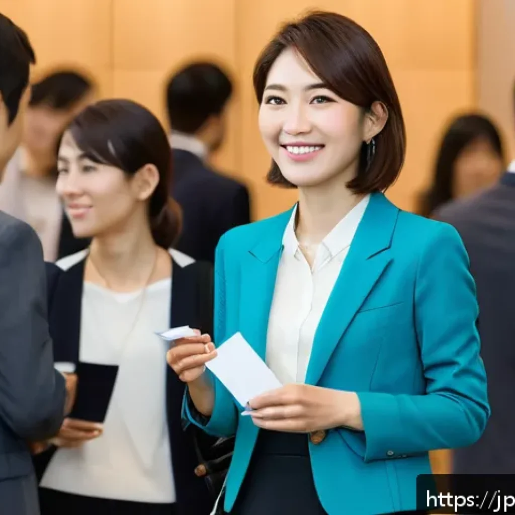 T자형 전문성을 위한 글로벌 네트워킹 기회 - A modern professional Japanese woman attending a diverse networking event in Tokyo, wearing stylish ...