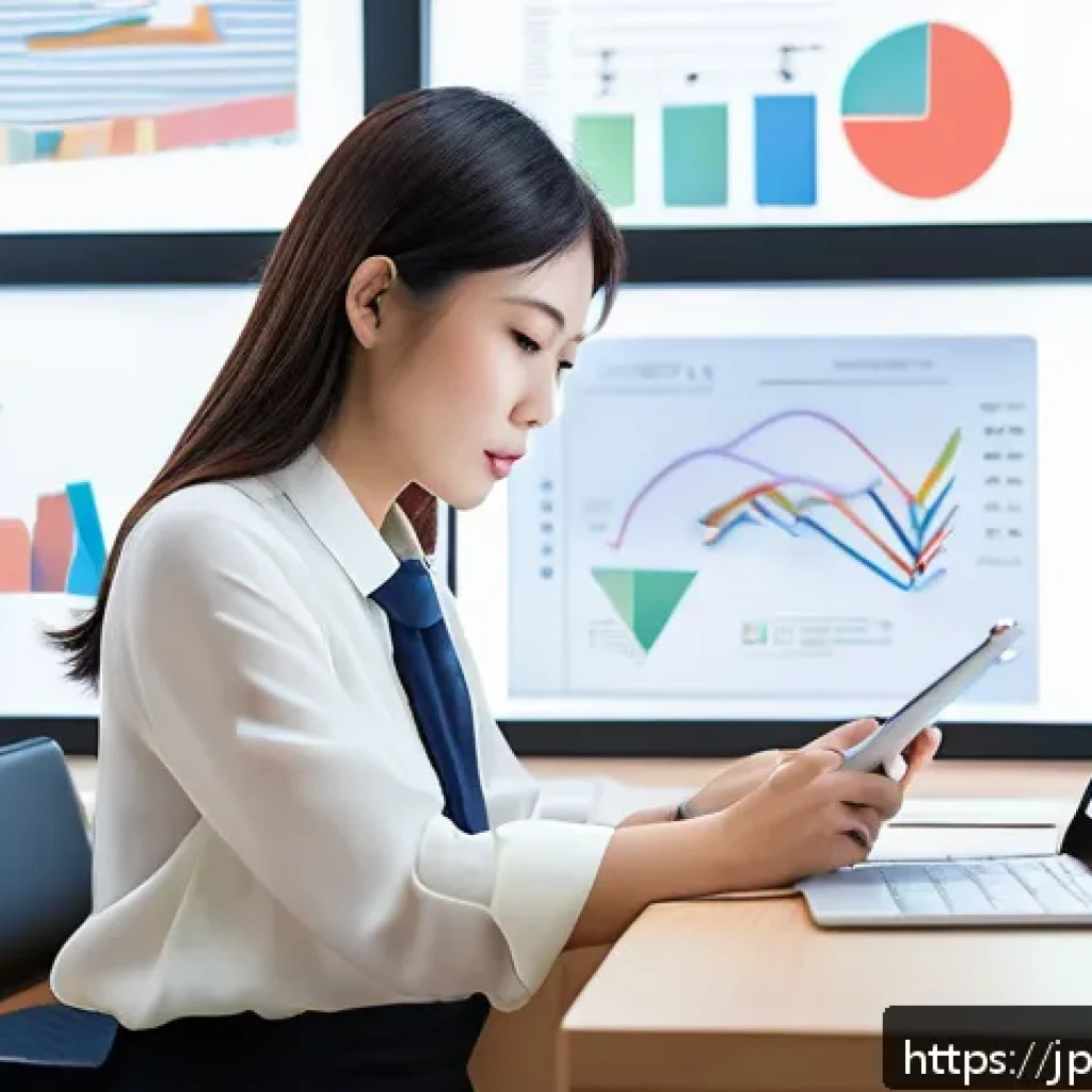 T자형 전문성과 시장 요구의 변화 - A modern Japanese office scene showing a young professional woman in business casual attire, sitting...