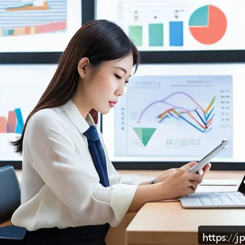 T자형 전문성과 시장 요구의 변화 - A modern Japanese office scene showing a young professional woman in business casual attire, sitting...