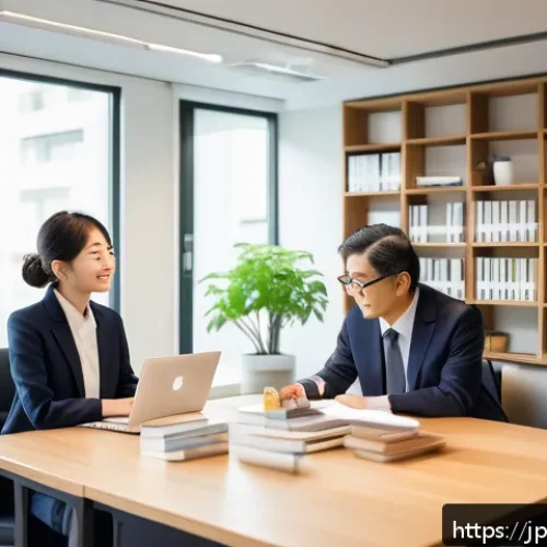 T자형 전문성 구축을 위한 멘토링의 중요성 - A professional Japanese mentor and mentee engaged in a warm, open conversation in a modern office se...